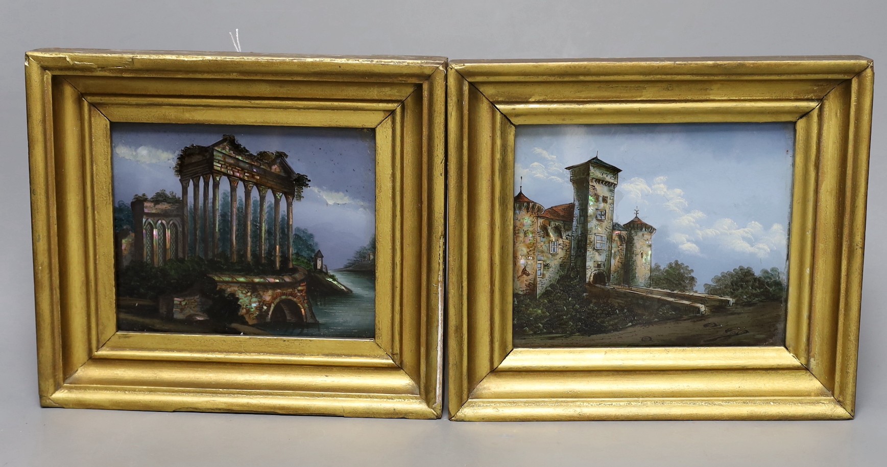 A pair of framed late 19th century reverse glass paintings of Italianate views, 22x25 including frame